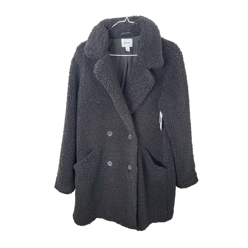 Nine West Womens Dull Black Double Breasted Teddy Coat Faux Shearling L NEW